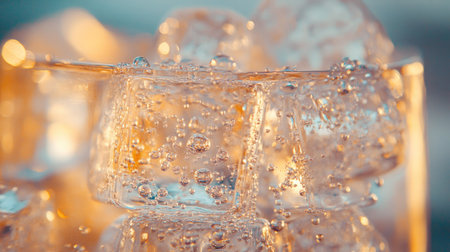 A close-up of sparkling ice cubes in a glass, with light refracting through the clear, frozen pieces and condensation forming on the surfaceの素材