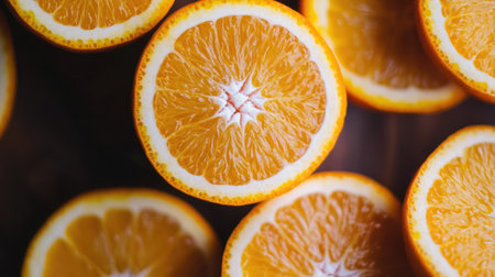 A detailed shot of a fresh, juicy orange with a few wedges cut open, highlighting the bright, juicy segments inside.の素材