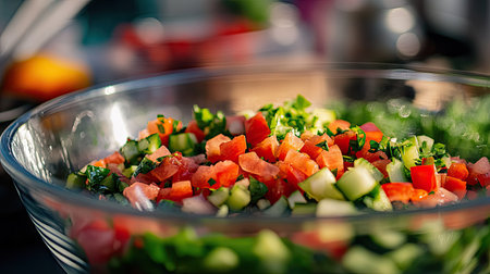 A detailed shot of a bowl of fresh ingredients, such as chopped vegetables and herbs, ready to be mixed for a flavorful dish.の素材