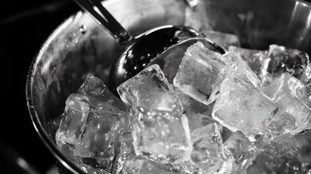 A close-up of an ice bucket filled with glistening ice cubes, with a metal scoop resting on top and light reflecting off the cold surface.の素材