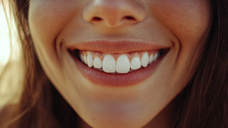 A close-up of a woman's smile, with white, straight teeth and full lips, exuding confidence and warmth in a candid moment.の素材
