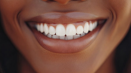 A close-up of a woman's smile, with white, straight teeth and full lips, exuding confidence and warmth in a candid moment.の素材