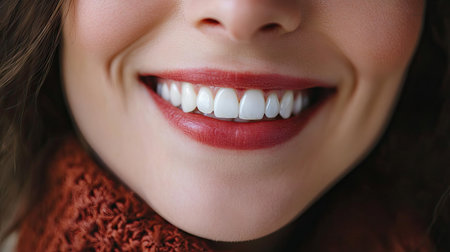 A close-up of a woman's smile, with white, straight teeth and full lips, exuding confidence and warmth in a candid moment.の素材