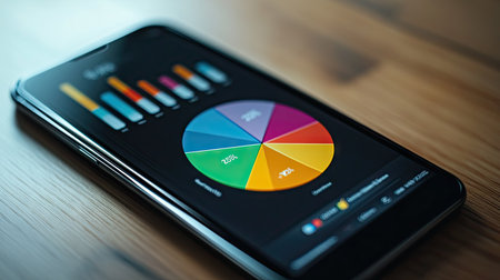 A close-up of a pie chart on a smartphone screen, showing a compact view of data distribution with clear, contrasting colors. -の素材