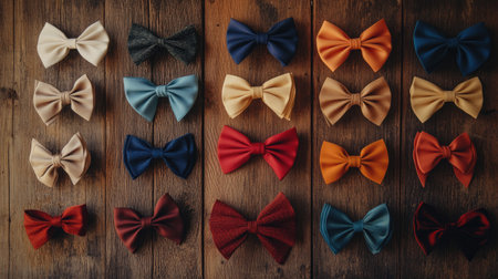 A collection of elegant bows in various sizes and colors, arranged artistically on a wooden table, perfect for crafting.の素材