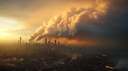 A dense cloud of smoke rolling over a city skyline at dusk, symbolizing urban pollution and industrial impact.の素材