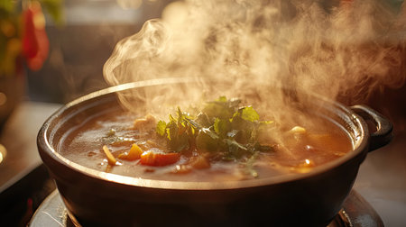 A close-up of a steaming dish of hot soup, with aromatic smoke rising and adding to the appetizing sceneの素材