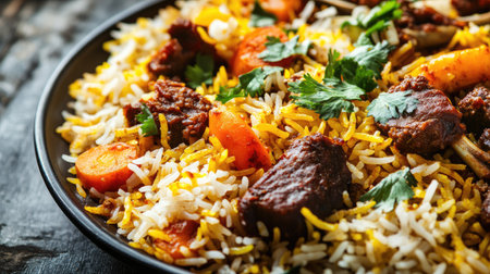 A detailed shot of a plate of vibrant biryani, highlighting the colorful layers of rice, spices, and tender meat or vegetables with fresh herbs.の素材