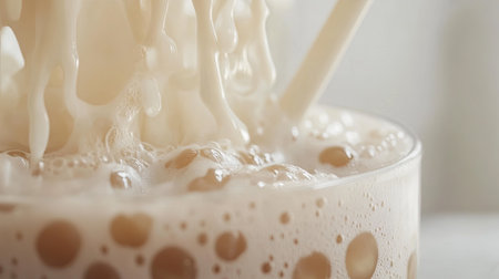 A detailed shot of a straw piercing through the thick layer of foam in a freshly shaken bubble tea, with the pearls visible beneath the surface.の素材