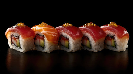 A stunning arrangement of elegant sushi rolls showcasing colorful ingredients, perfect for food enthusiasts and culinary presentations. Captivating and delicious!の素材