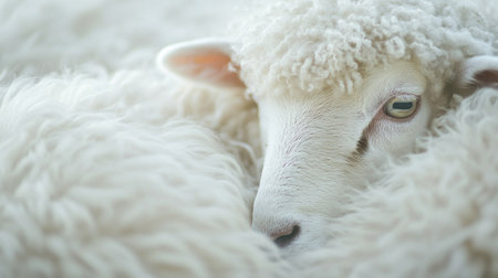 A serene close-up of a sheep nestled in its fluffy wool, showcasing the soft texture and calm expression. Ideal for nature and farm themes.の素材