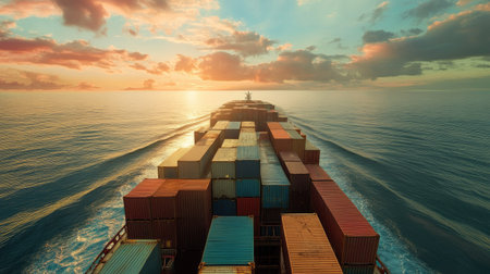 Container ship in the vast ocean, loaded with cargo for international transport. Highlights global logistics and ocean freight shipping services.の素材