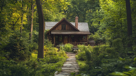 A rustic wooden cottage set amidst dense forest greenery, providing a peaceful haven away from the chaos of everyday life.の素材