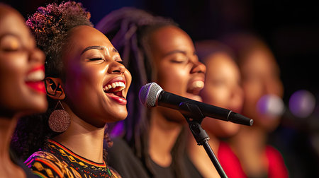 Close-up of a diverse group of singers harmonizing together on stage, with expressions of concentration and joy, highlighting the unity in their performanceの素材