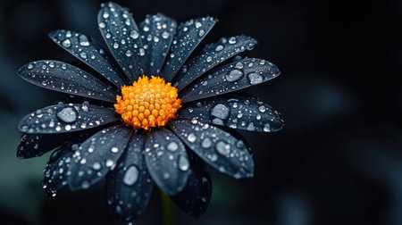 Close-up of a flower with large, prominent water droplets on its petals, creating a dramatic and visually appealing effect against a simple backdrop.の素材