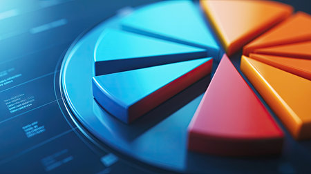 Close-up of a 3D pie chart with a portion pulled out to emphasize a specific segment, showcasing detailed data and a modern, professional lookの素材
