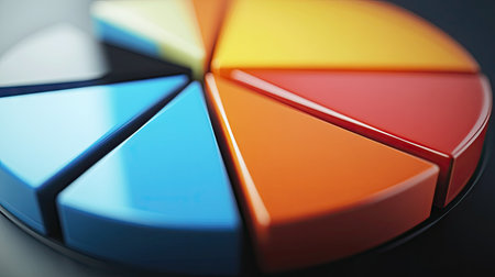 Close-up view of a 3D pie chart with segments highlighted in different shades, showing detailed labels and percentages for clear data representation.の素材
