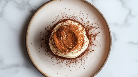 A stunning overhead view of a classic tiramisu dessert beautifully arranged on a rustic plate. The creamy layers and cocoa dusting create a tempting visual treat.の素材