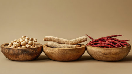 Herbal collection on wooden dishes: ginseng roots, Ganoderma mushrooms, and red ginseng. Beige background enhances their natural elegance, suitable for health product marketing. -の素材