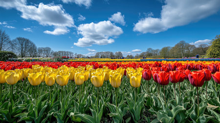 Experience the breathtaking beauty of Keukenhof Garden, where vibrant rows of tulips bloom under a clear blue sky, creating a stunning spring panorama.の素材