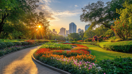 A vibrant city garden at sunset, showcasing beautiful flower beds and lush greenery. This scenic outdoor space blends nature with stunning urban architecture, perfect for relaxation.の素材