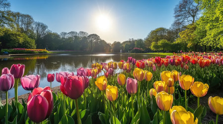 Experience the serene beauty of a vibrant tulip landscape at sunset, showcasing a colorful array of blooms beside a tranquil pond in spring.の素材