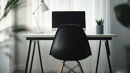 Close-up of a minimalist home office with a sleek desk, modern chair, and clean lines, emphasizing the uncluttered and functional workspace.の素材