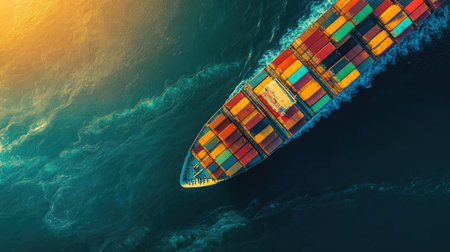 Top-down perspective of a cargo vessel with containers on a transoceanic route, illustrating the global import/export business across the Asia-Pacific region.の素材