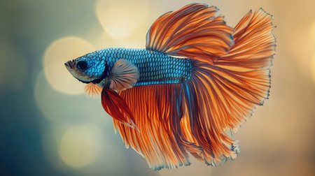 Detailed shot of a Betta fish with striking metallic colors and intricate fin details, set against a simple, light-colored background to highlight its beauty.の素材
