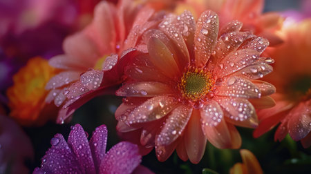 Detailed shot of a cluster of flowers with water droplets on their petals, capturing the fresh and natural look with a blurred background for emphasis.の素材