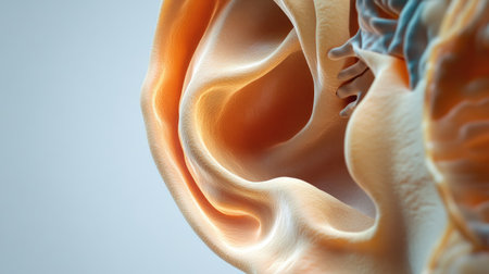 High-resolution shot of a human ear with visible internal structures like the eardrum and auditory canal, set against a clean background for clarity.の素材