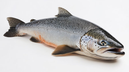High-resolution image of a whole salmon with its head and tail on a white background, emphasizing its sleek body and glistening scales.の素材