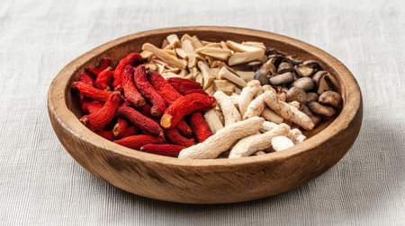 Ginseng, red ginseng, and reishi mushrooms in a wooden dish, representing Chinese herbal medicine. Natural ingredients and herbs featured on a clean background.の素材