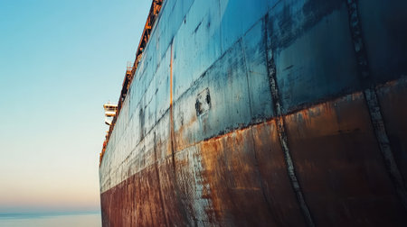 Close-up of a cargo ship's side with detailed focus on the hull, waterline, and the ship name, set against the backdrop of a clear, blue sky.の素材