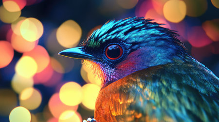 High-definition shot of a bird with bright, iridescent feathers, set against a backdrop of abstract, multicolored lights for a dynamic and eye-catching composition.の素材