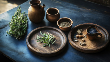 Herbal display on wooden plates with a dark navy blue background, complemented by pots and cups for medicinal use. Ideal for promoting traditional health care practices.の素材