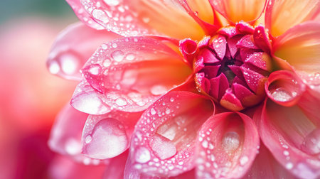 Close-up of a blooming flower with dew-covered petals, highlighting the natural beauty and fresh look created by the water droplets.の素材