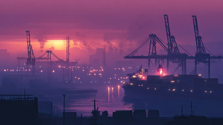 Twilight at an industrial port, featuring a container ship docked and cranes working in the background. The dimming light creates a moody atmosphere.の素材