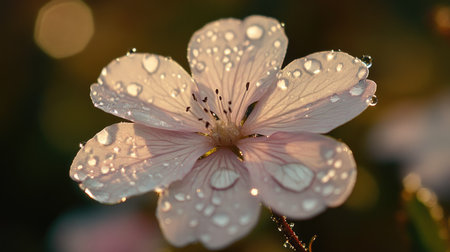Close-up of a delicate flower with tiny water droplets scattered across its petals, capturing the freshness and detail of the natural scene. -の素材