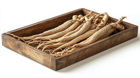 Wooden tray with ginseng roots and Ganoderma mushrooms set against a white background. Window shadow provides a subtle touch,の素材
