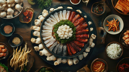 Top-down shot of a traditional Korean spread with Samgyetang as the centerpiece, surrounded by fresh ginseng roots, garlic, and traditional Korean condimentsの素材