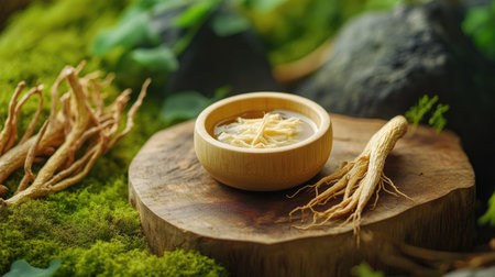 Wooden platform with a bowl of ginseng tonic, ginseng roots, and dried twigs, surrounded by a soft green moss background. A calming, nature-inspired health scene.の素材