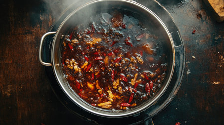 Overhead view of a pot of simmering Chinese black chicken soup, rich with herbal ingredients like ginseng and goji berries. A nourishing dish often used as food therapy.の素材