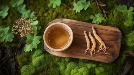 Natural beauty scene featuring a bowl of ginseng tonic on a wooden board, ginseng roots, and dried twigs, all resting on vibrant green moss. A serene and organic setup.の素材