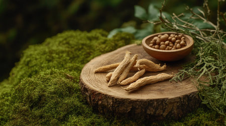 Wooden platform with a bowl of ginseng tonic, ginseng roots, and dried twigs, surrounded by a soft green moss background. A calming, nature-inspired health scene.の素材