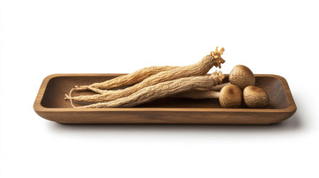 Wooden tray with ginseng roots and Ganoderma mushrooms set against a white background. Window shadow provides a subtle touch,の素材