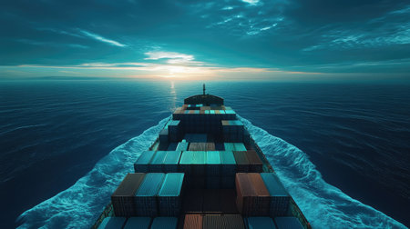 Rear perspective of a cargo ship with containers stacked in the deep sea. Highlights the logistics of sea freight transportation and the scale of industrial port operations.の素材