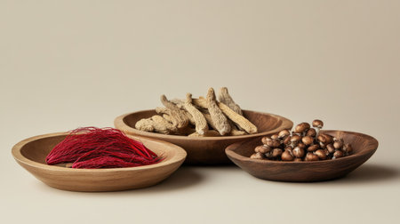 Wooden dishes with ginseng roots, Ganoderma mushrooms, and red ginseng displayed against a beige background,の素材