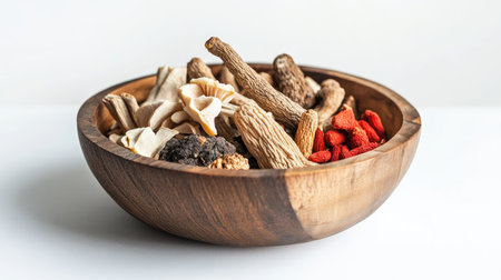 Wooden dish filled with Chinese herbal medicine, including ginseng, red ginseng, and reishi mushrooms. Natural ingredientsの素材