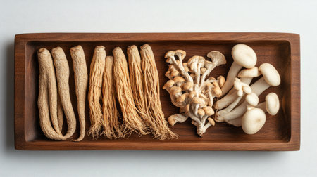 Wooden tray displaying ginseng roots and Ganoderma mushrooms with a white background and window shadow.の素材